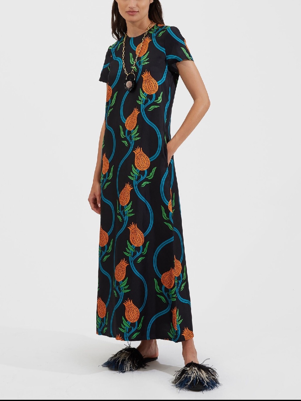 La DoubleJ Swing Dress with Orange Floral Motif and Blue Wave